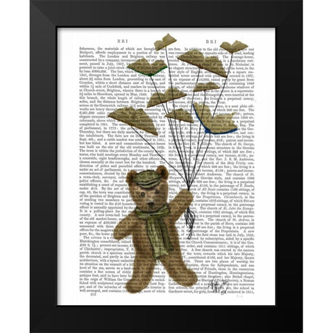 Bear with Book Butterflies Black Modern Wood Framed Art Print by Fab Funky