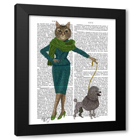 Cat and Poodle Black Modern Wood Framed Art Print by Fab Funky