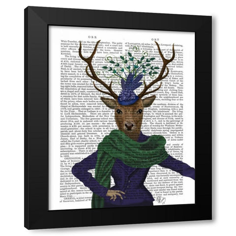 Deer and Fascinator Black Modern Wood Framed Art Print by Fab Funky