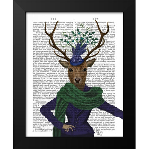 Deer and Fascinator Black Modern Wood Framed Art Print by Fab Funky