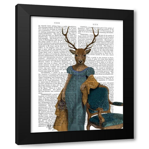 Deer In Blue Dress Black Modern Wood Framed Art Print by Fab Funky