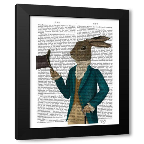 Hare In Turquoise Coat Black Modern Wood Framed Art Print by Fab Funky