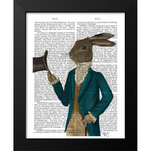 Hare In Turquoise Coat Black Modern Wood Framed Art Print by Fab Funky