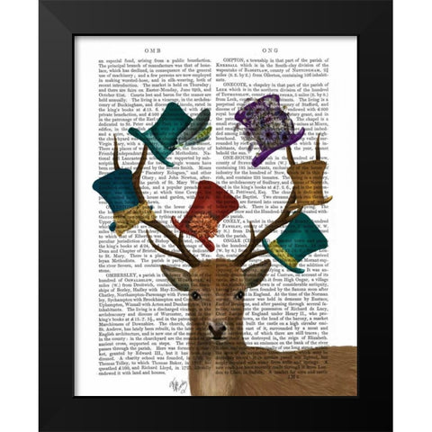 Hat Collector Deer Black Modern Wood Framed Art Print by Fab Funky