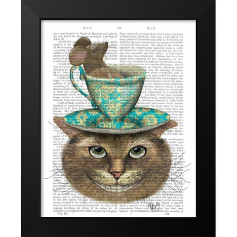 Cheshire Cat with Cup on Head Black Modern Wood Framed Art Print by Fab Funky