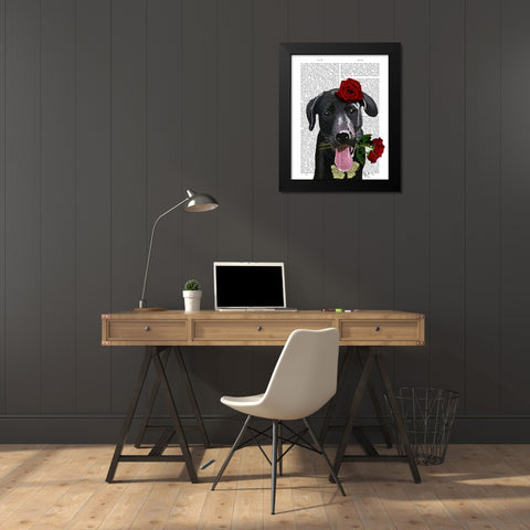 Black Labrador with Roses Black Modern Wood Framed Art Print by Fab Funky