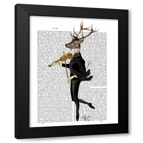 Dancing Deer with Violin Black Modern Wood Framed Art Print by Fab Funky