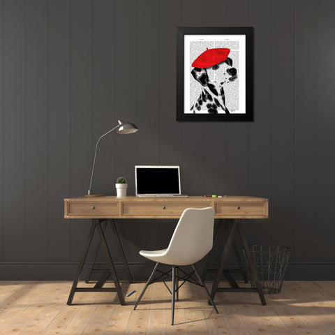 Dalmatian With Red Beret Black Modern Wood Framed Art Print by Fab Funky