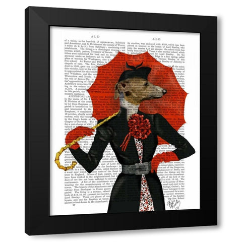 Elegant Greyhound and Red Umbrella Black Modern Wood Framed Art Print by Fab Funky