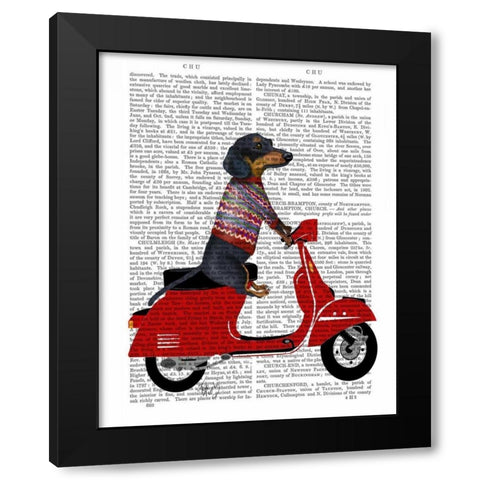 Dachshund on a Moped Black Modern Wood Framed Art Print by Fab Funky