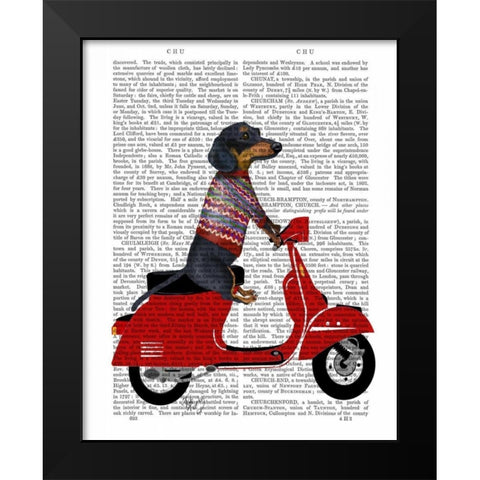 Dachshund on a Moped Black Modern Wood Framed Art Print by Fab Funky