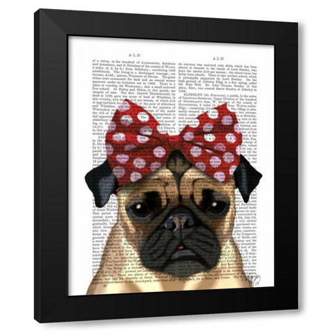 Pug with Red Spotty Bow On Head Black Modern Wood Framed Art Print with Double Matting by Fab Funky