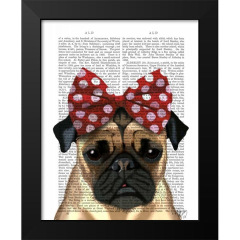 Pug with Red Spotty Bow On Head Black Modern Wood Framed Art Print by Fab Funky