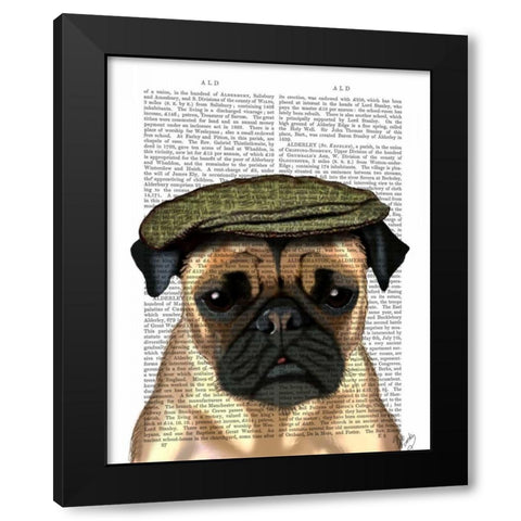 Pug in Flat Cap Black Modern Wood Framed Art Print by Fab Funky