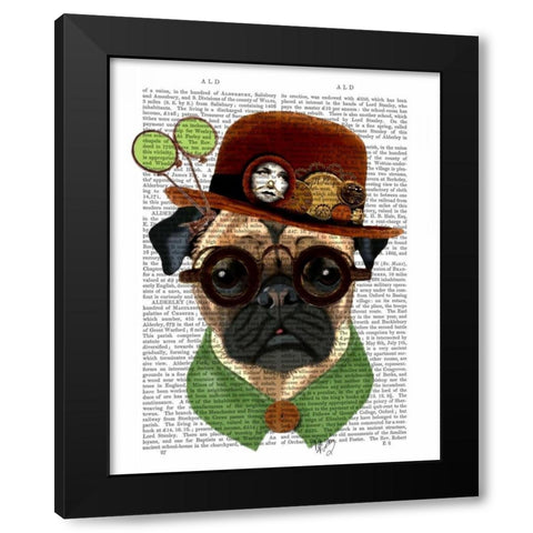 Pug with Steampunk Bowler Hat Black Modern Wood Framed Art Print by Fab Funky