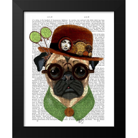 Pug with Steampunk Bowler Hat Black Modern Wood Framed Art Print by Fab Funky