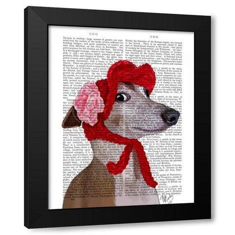 Greyhound with Red Woolly Hat Black Modern Wood Framed Art Print with Double Matting by Fab Funky