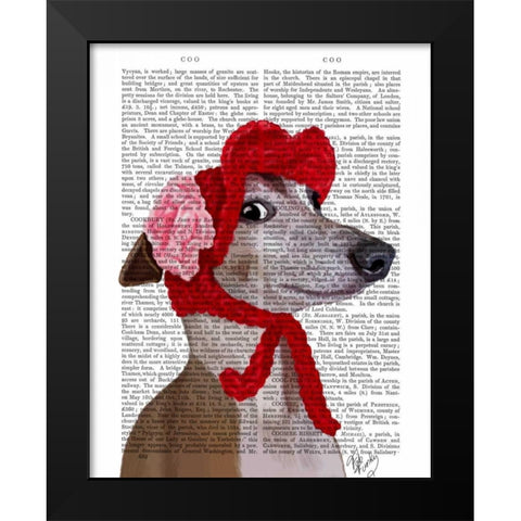 Greyhound with Red Woolly Hat Black Modern Wood Framed Art Print by Fab Funky