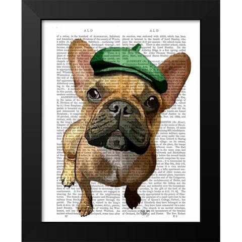 Brown French Bulldog with Green Hat Black Modern Wood Framed Art Print by Fab Funky