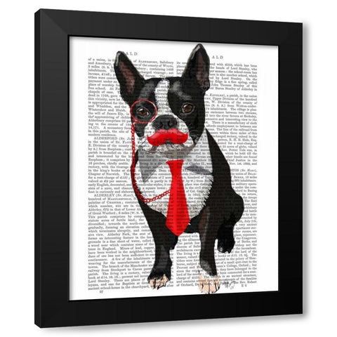 Boston Terrier With Red Tie and Moustache Black Modern Wood Framed Art Print with Double Matting by Fab Funky