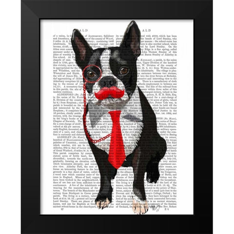 Boston Terrier With Red Tie and Moustache Black Modern Wood Framed Art Print by Fab Funky