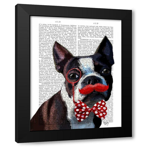 Boston Terrier Portrait with Red Bow Tie and Moustache Black Modern Wood Framed Art Print by Fab Funky