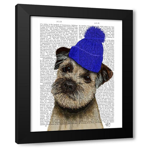 Border Terrier with Blue Bobble Hat Black Modern Wood Framed Art Print by Fab Funky