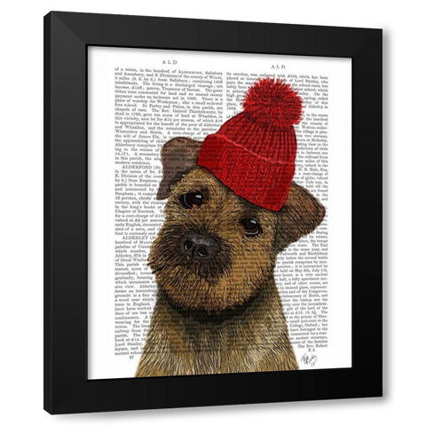 Border Terrier with Red Bobble Hat Black Modern Wood Framed Art Print by Fab Funky