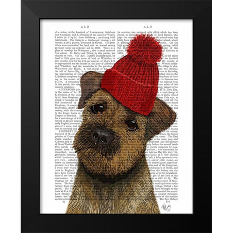 Border Terrier with Red Bobble Hat Black Modern Wood Framed Art Print by Fab Funky