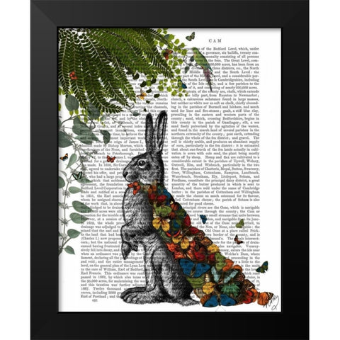 Hare with Butterfly Cloak Black Modern Wood Framed Art Print by Fab Funky