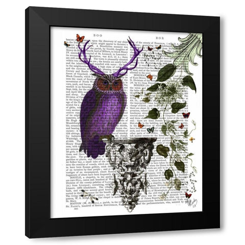 Purple Owl With Antlers Black Modern Wood Framed Art Print by Fab Funky