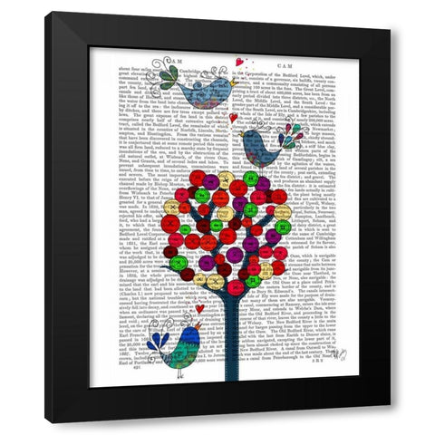 Button Tree and Birds Blue Black Modern Wood Framed Art Print by Fab Funky