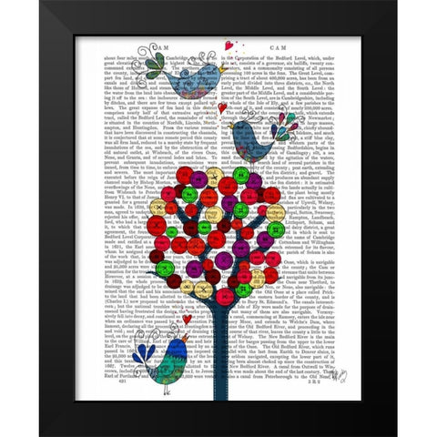 Button Tree and Birds Blue Black Modern Wood Framed Art Print by Fab Funky