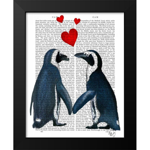 Penguins With Love Hearts Black Modern Wood Framed Art Print by Fab Funky