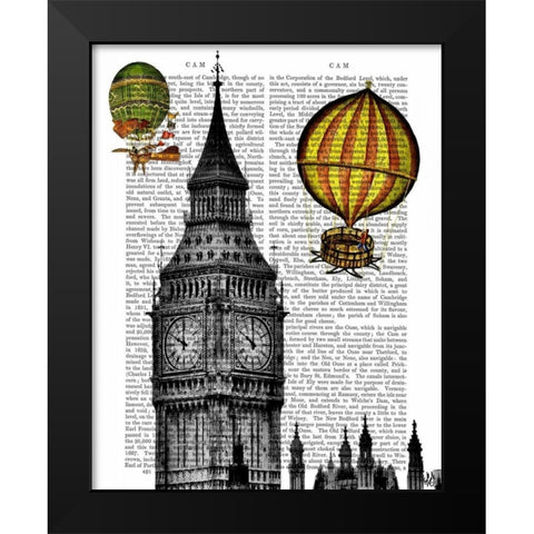 Big Ben and Vintage Hot Air Balloons Black Modern Wood Framed Art Print by Fab Funky