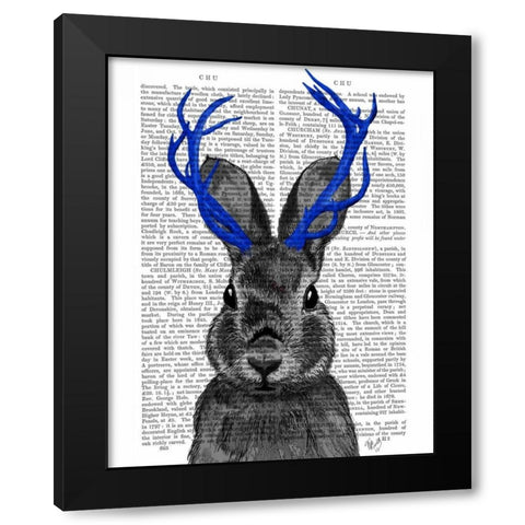 Jackalope with Blue Antlers Black Modern Wood Framed Art Print with Double Matting by Fab Funky