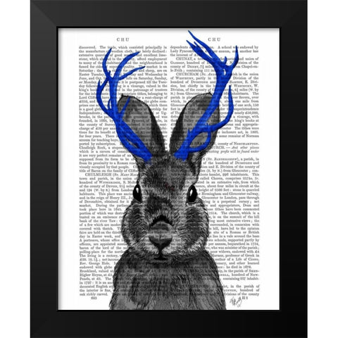 Jackalope with Blue Antlers Black Modern Wood Framed Art Print by Fab Funky