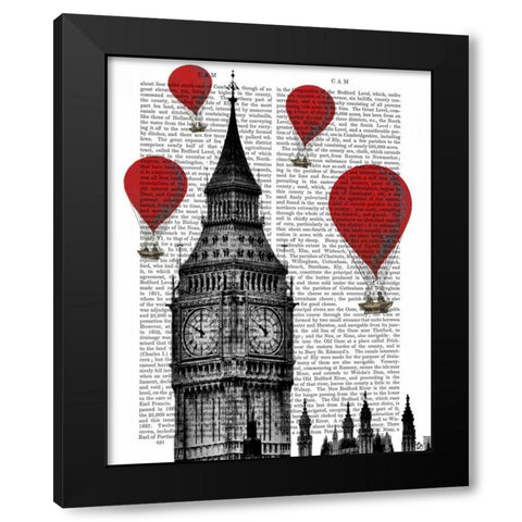 Big Ben and Red Hot Air Balloons Black Modern Wood Framed Art Print by Fab Funky
