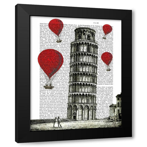 Tower of Pisa and Red Hot Air Balloons Black Modern Wood Framed Art Print with Double Matting by Fab Funky