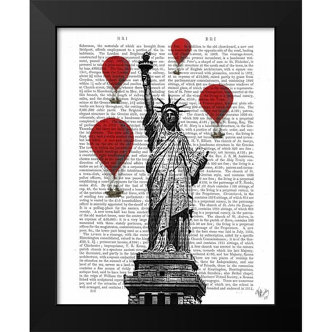 Statue Of Liberty and Red Hot Air Balloons Black Modern Wood Framed Art Print by Fab Funky
