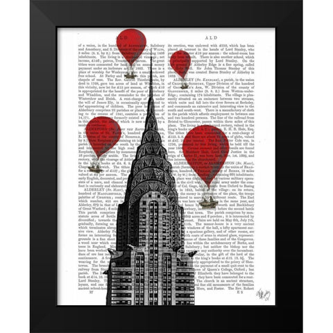 Chrysler Building and Red Hot Air Balloons Black Modern Wood Framed Art Print by Fab Funky