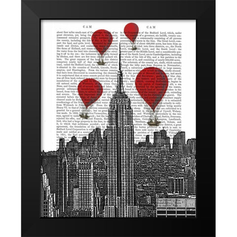 Empire State Building and Red Hot Air Balloons Black Modern Wood Framed Art Print by Fab Funky