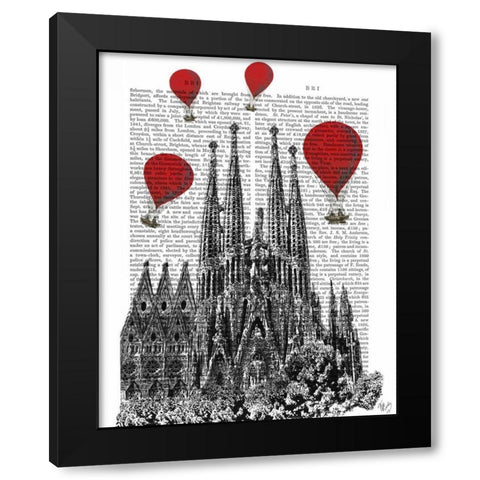 Sagrada Familia and Red Hot Air Balloons Black Modern Wood Framed Art Print by Fab Funky