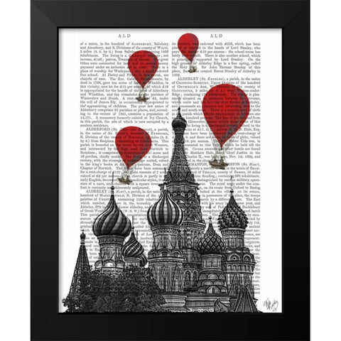 St Basils Cathedral and Red Hot Air Balloons Black Modern Wood Framed Art Print by Fab Funky