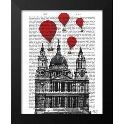 St Pauls Cathedral and Red Hot Air Balloons Black Modern Wood Framed Art Print by Fab Funky