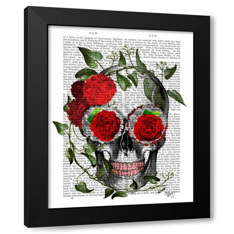 Skull With Roses And Vines Black Modern Wood Framed Art Print with Double Matting by Fab Funky