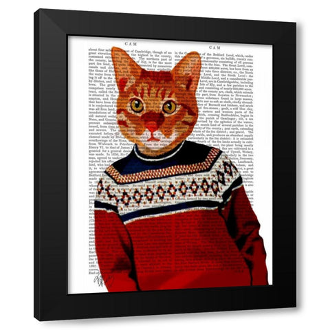 Cat in Ski Sweater Black Modern Wood Framed Art Print by Fab Funky