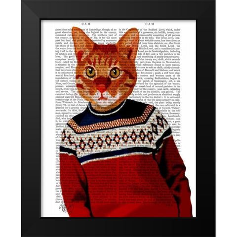 Cat in Ski Sweater Black Modern Wood Framed Art Print by Fab Funky