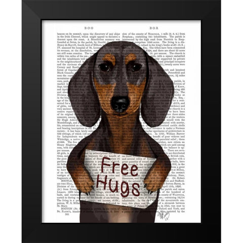 Dachshund Free Hugs Black Modern Wood Framed Art Print by Fab Funky