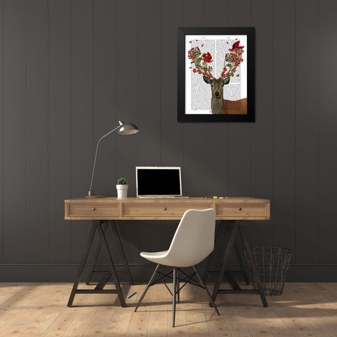 Deer and Love Birds Black Modern Wood Framed Art Print by Fab Funky